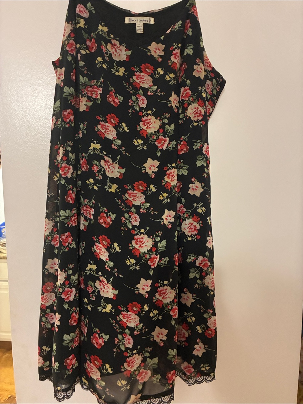 Lucca Couture Black Floral Midi Dress with Lace Hem